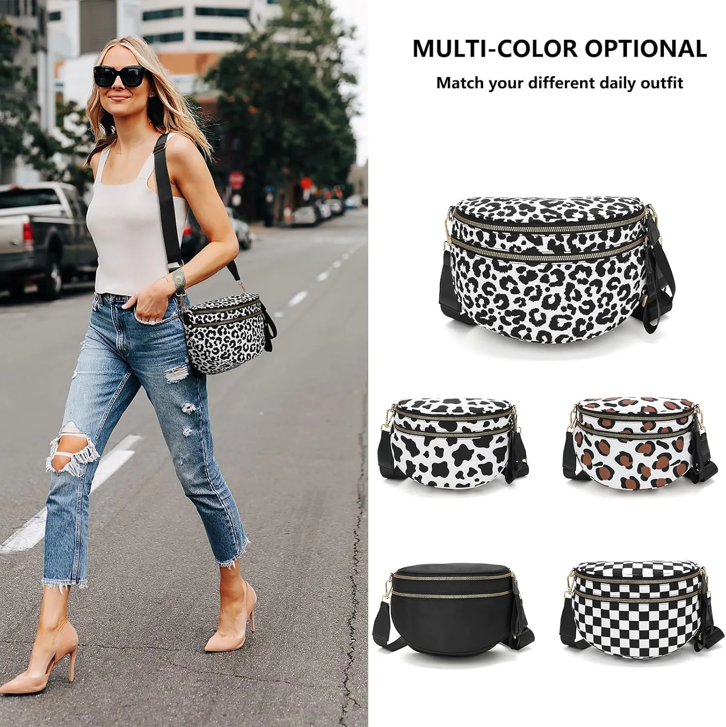 Checkered Crossbody Bag Spacious Nylon Crossbody Bag for Women Black and White Checkered Purse Bum Bags Belt Bags