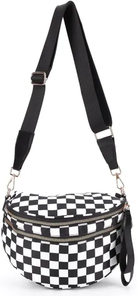 Checkered Crossbody Bag Spacious Nylon Crossbody Bag for Women Black and White Checkered Purse Bum Bags Belt Bags