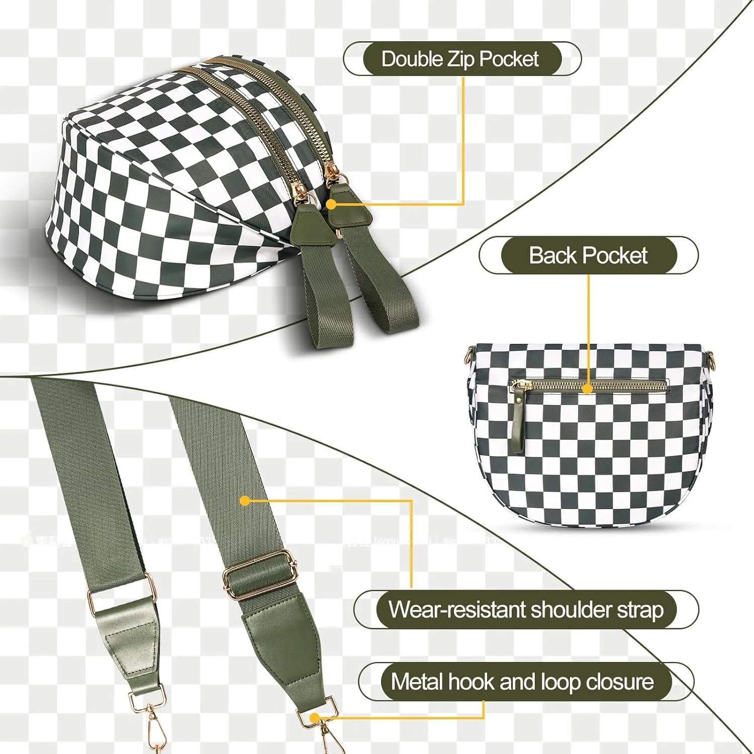 Checkered Crossbody Bag Spacious Nylon Crossbody Bag for Women Black and White Checkered Purse Bum Bags Belt Bags