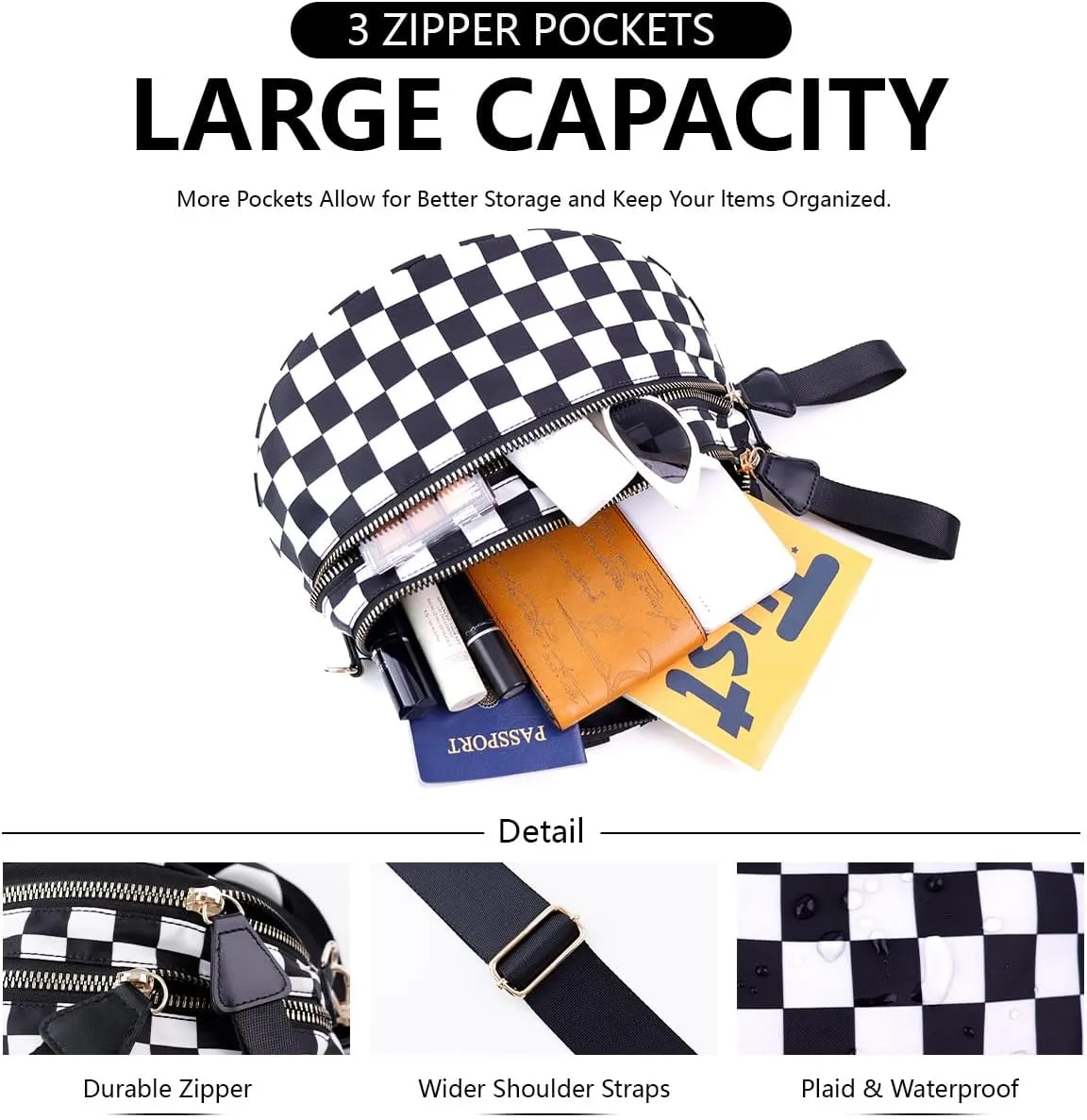 Checkered Crossbody Bag Spacious Nylon Crossbody Bag for Women Black and White Checkered Purse Bum Bags Belt Bags