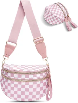 Checkered Crossbody Bag,Nylon Bum Bags for Women Crossbody,Spacious Sling Bag Purse Fanny Packs with Shoulder Strap
