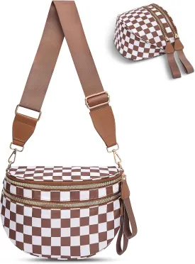 Checkered Crossbody Bag,Nylon Bum Bags for Women Crossbody,Spacious Sling Bag Purse Fanny Packs with Shoulder Strap