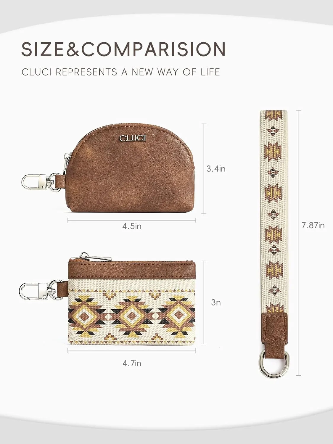 CLUCI Keychain Wallet for Women Leather Coin Purse Detachable Dual Pouch Wristlet Wallet Zipper Pocket Brown