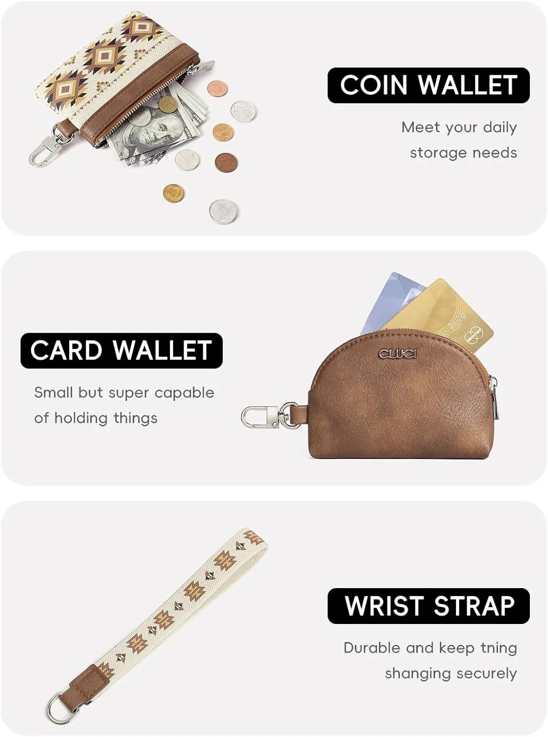 CLUCI Keychain Wallet for Women Leather Coin Purse Detachable Dual Pouch Wristlet Wallet Zipper Pocket Brown