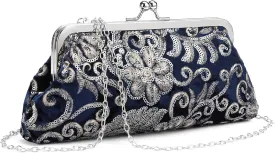 Clutch Purse for Women Floral Embroidery Sequin Evening Bags Elegant Kiss Lock Wedding Party Cocktail