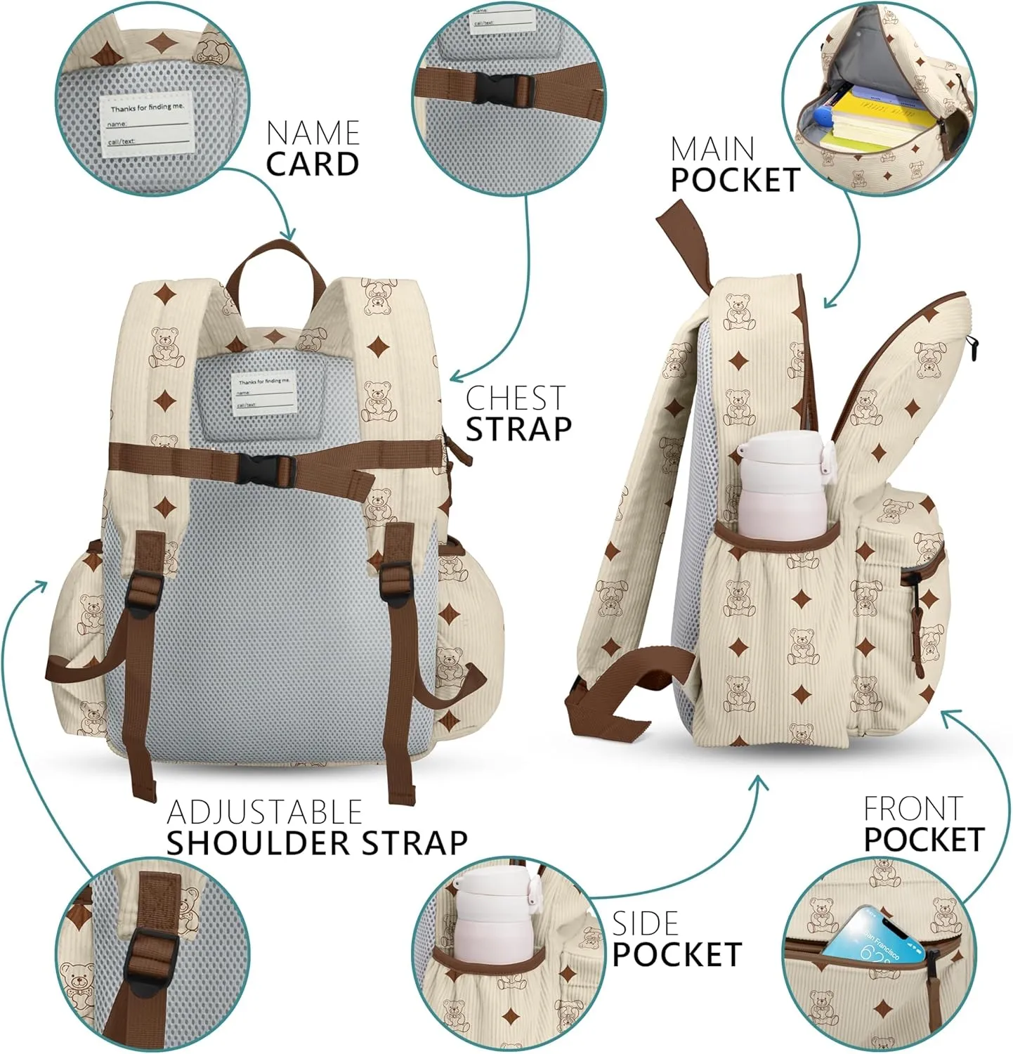 Corduroy Toddler Backpack for Boys & Girls 2-5: Cute Kids Preschool Backpack - 13.5" H Fit Folder