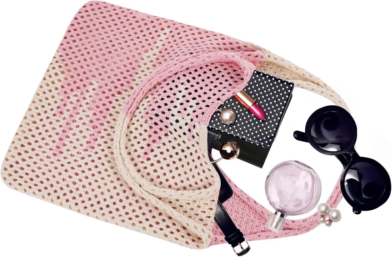 Crochet Tote Bag, Women Summer Aesthetic Mesh Beach Bags, Girls Hobo Bags Y2k Purse Fairy Grunge Accessories