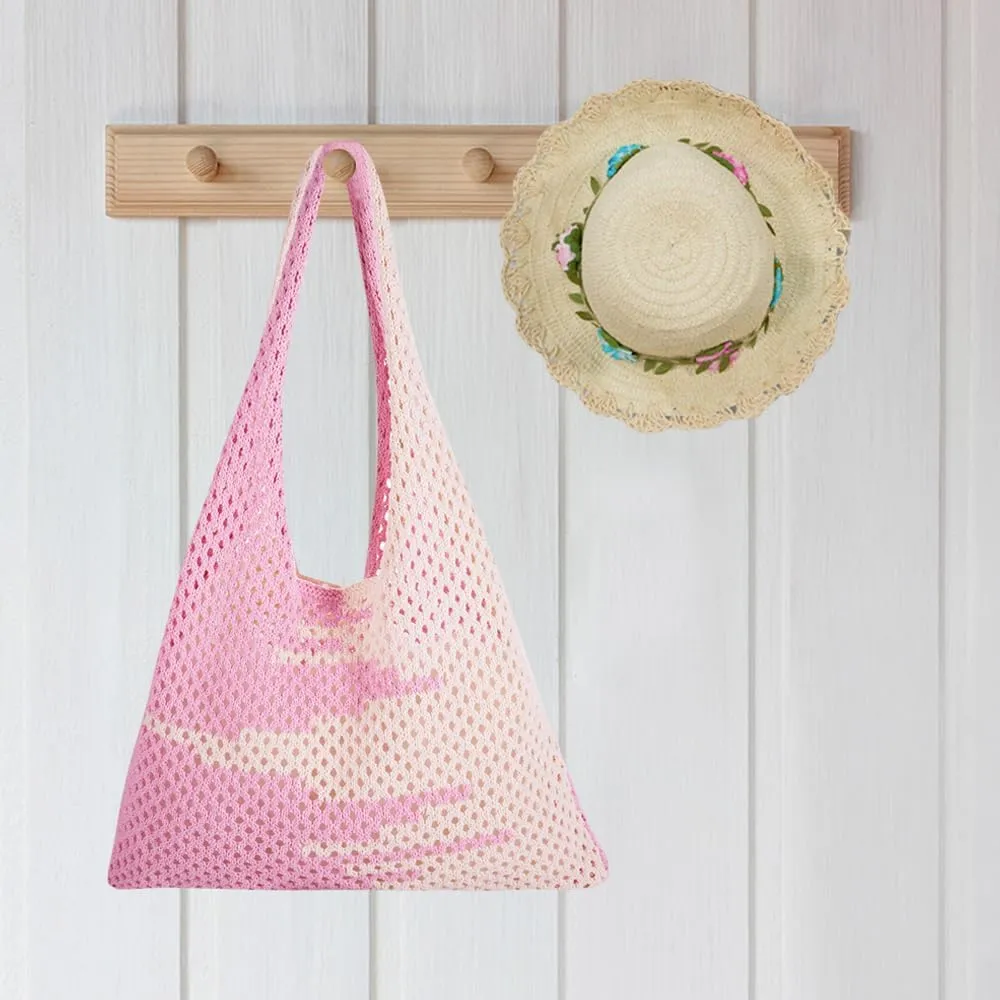 Crochet Tote Bag, Women Summer Aesthetic Mesh Beach Bags, Girls Hobo Bags Y2k Purse Fairy Grunge Accessories