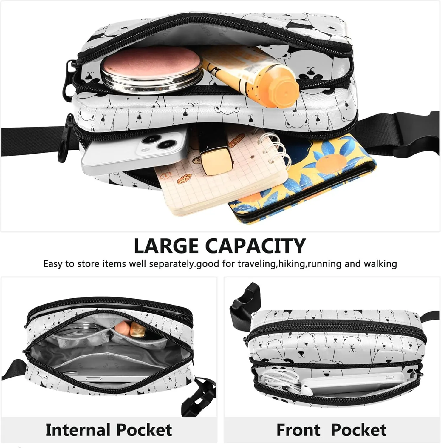 Custom Cute Bears Black White Fanny Packs Women Waterproof Belt Bags Hip Pack Cute Crossbody Waist Purse