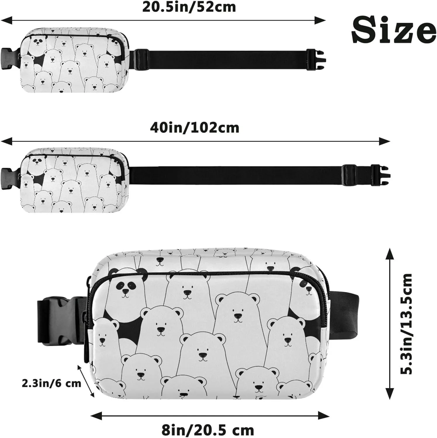 Custom Cute Bears Black White Fanny Packs Women Waterproof Belt Bags Hip Pack Cute Crossbody Waist Purse