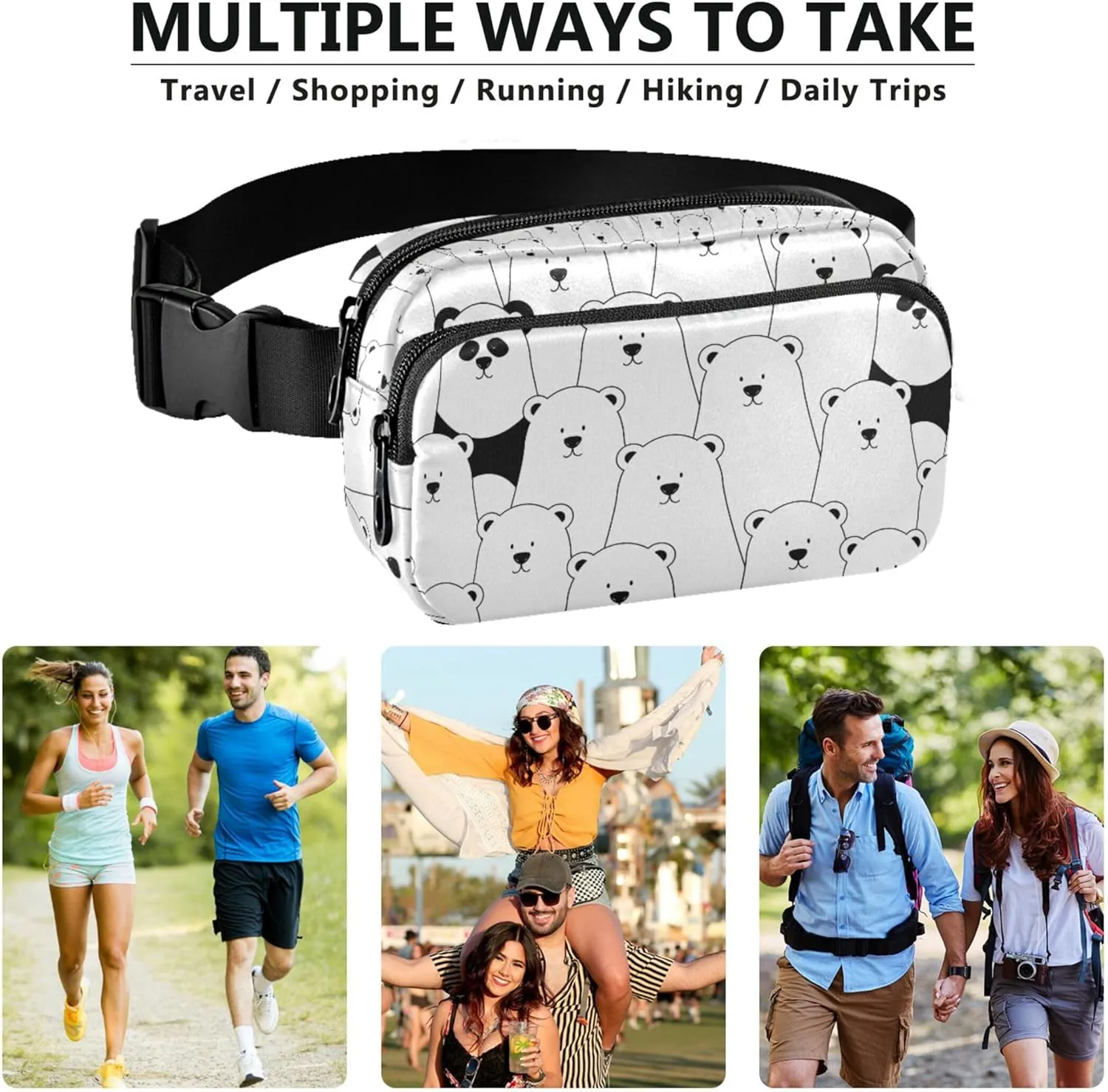Custom Cute Bears Black White Fanny Packs Women Waterproof Belt Bags Hip Pack Cute Crossbody Waist Purse