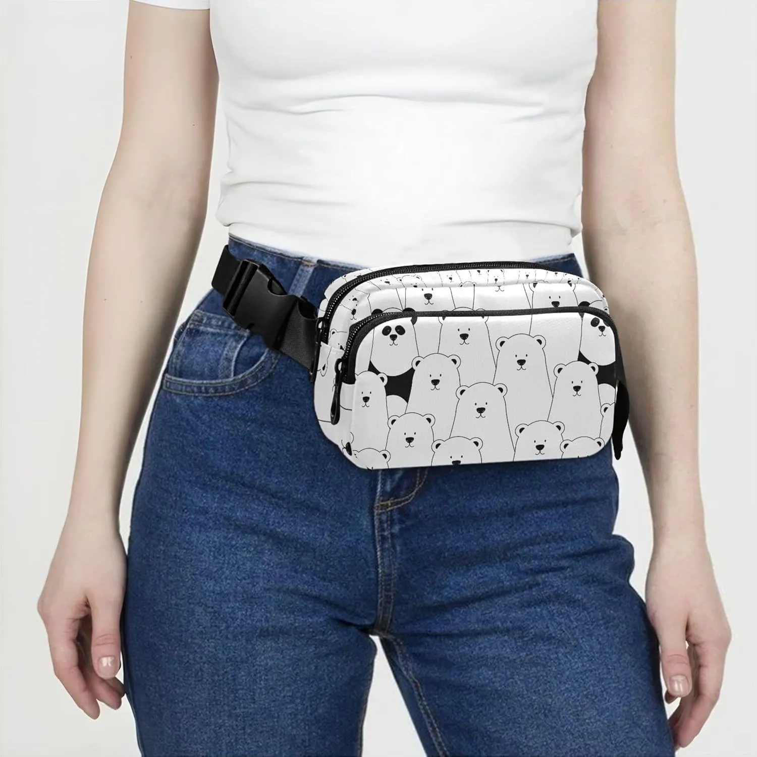 Custom Cute Bears Black White Fanny Packs Women Waterproof Belt Bags Hip Pack Cute Crossbody Waist Purse