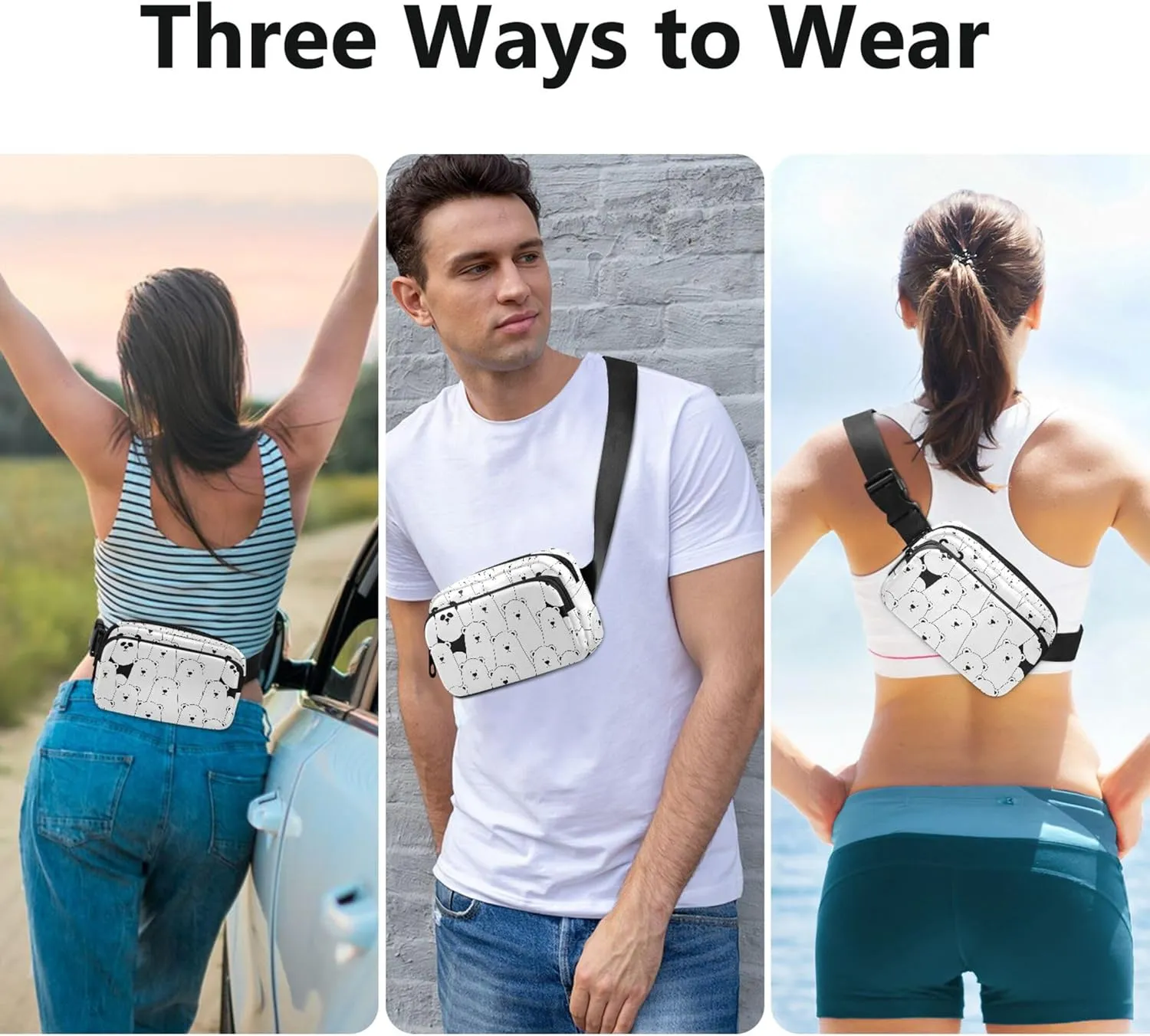 Custom Cute Bears Black White Fanny Packs Women Waterproof Belt Bags Hip Pack Cute Crossbody Waist Purse