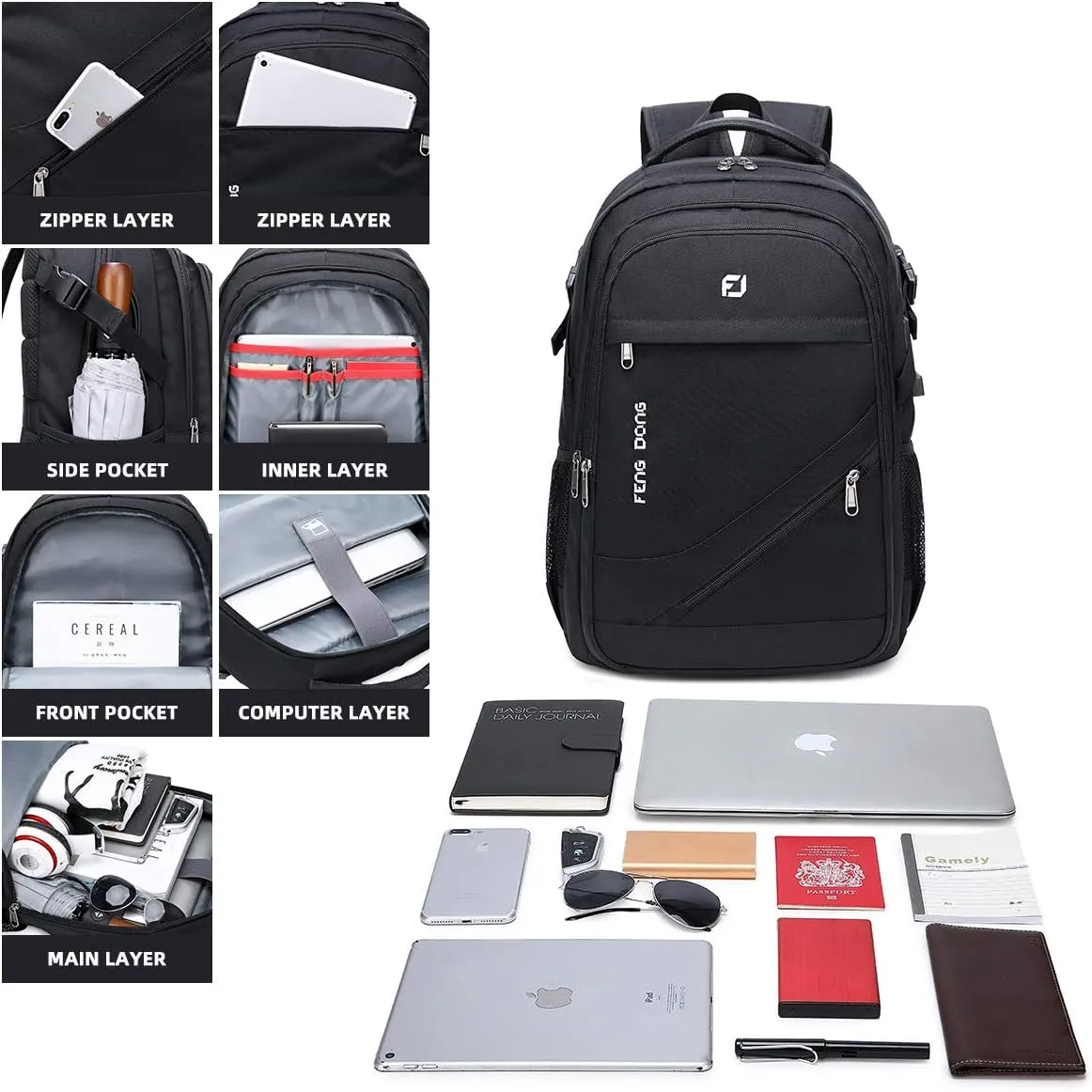 Durable Waterproof Travel Laptop Backpack 17.3 inch,Large College Backpack Bookbag for Men & Women Business Backpack with USB Charging Port and Headset Port Black