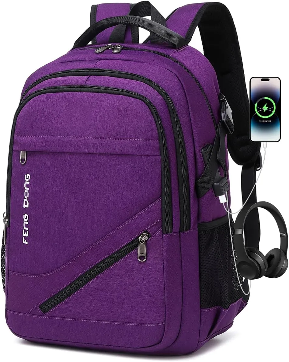 Durable Waterproof Travel Large Laptop Backpack 17.3 inch,College Backpack Bookbag for Men & Women Business Backpack with USB Charging Port and Headset Port Purple