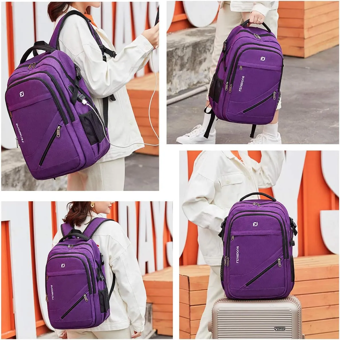 Durable Waterproof Travel Large Laptop Backpack 17.3 inch,College Backpack Bookbag for Men & Women Business Backpack with USB Charging Port and Headset Port Purple
