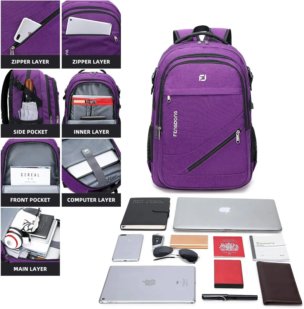 Durable Waterproof Travel Large Laptop Backpack 17.3 inch,College Backpack Bookbag for Men & Women Business Backpack with USB Charging Port and Headset Port Purple