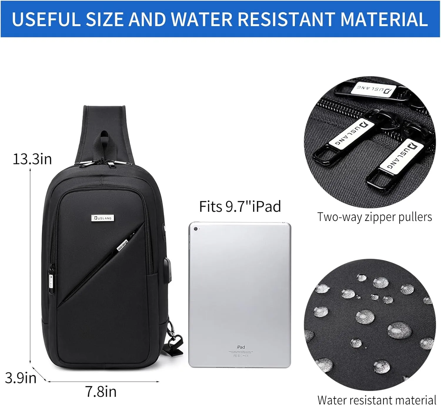 DUSLANG Crossbody Sling Backpacks for Men, Casual Shoulder Backpack Daypack Chest Bags with USB Charger Port For Camping Biking Travel Cycling