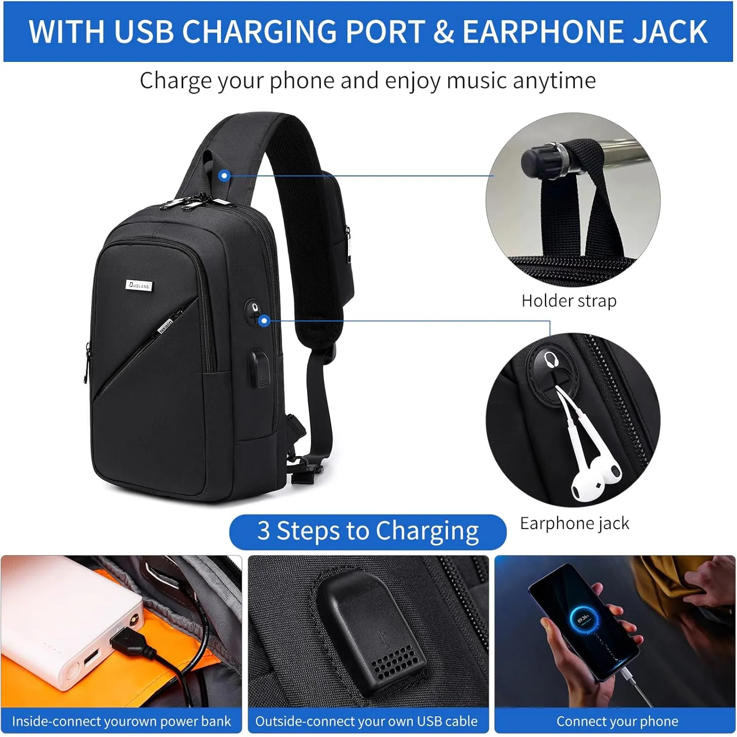 DUSLANG Crossbody Sling Backpacks for Men, Casual Shoulder Backpack Daypack Chest Bags with USB Charger Port For Camping Biking Travel Cycling