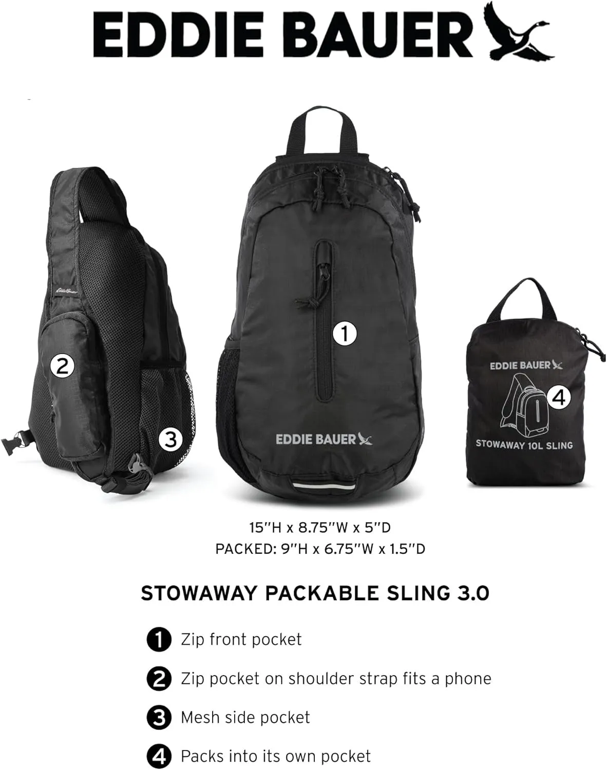 Eddie Bauer Stowaway Packable Sling Bag | Foldable | Travel | Outdoor | Lightweight | Compact | Everyday Carry | Ripstop Nylon | 10L - Dark Forest