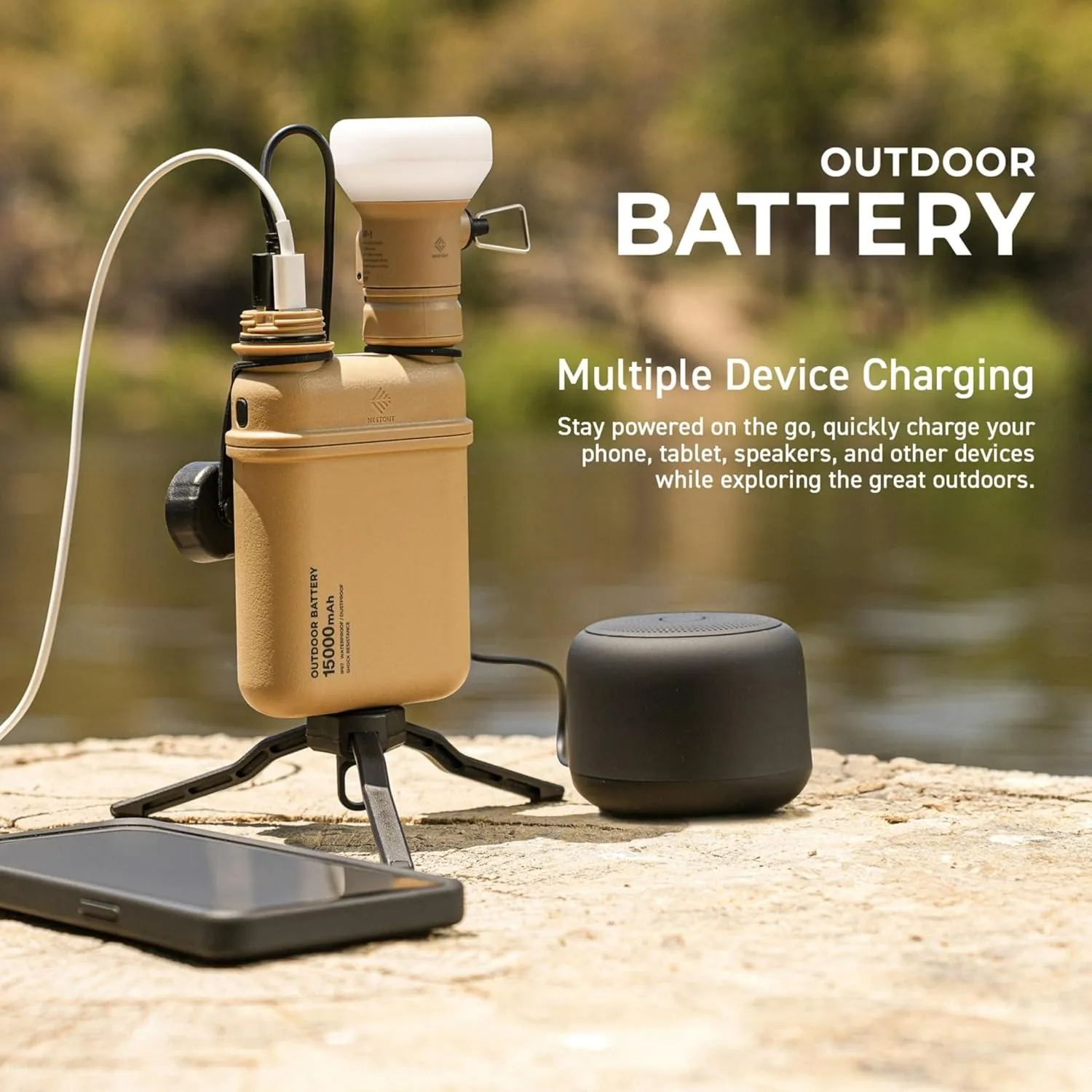 ELECOM NESTOUT Rugged Power Bank, 15000mAh Outdoor Charger, 32W USB-C Fast Charging PD, Waterproof IP67, Durable Shockproof, Battery Pack for iPhone Tablet Hiking Travel Camping (Beige, 15000mAh)