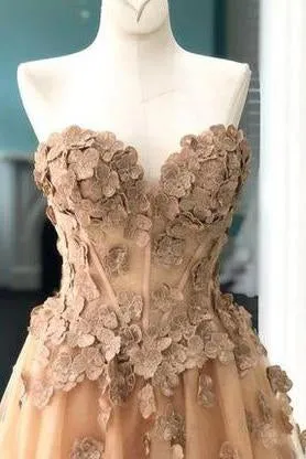 Elegant A-Line Sweetheart Appliqued Brown Prom Dress PFP1463