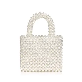 Elegant Top Handle Hand-Woven Pearlized Beaded Clutch Bag - White