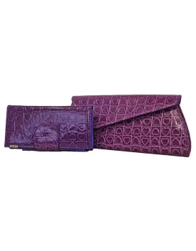 Fino RF-054 HT-310 Heart Printed Clutch Bag & Heart Printed Purse Set- Purple