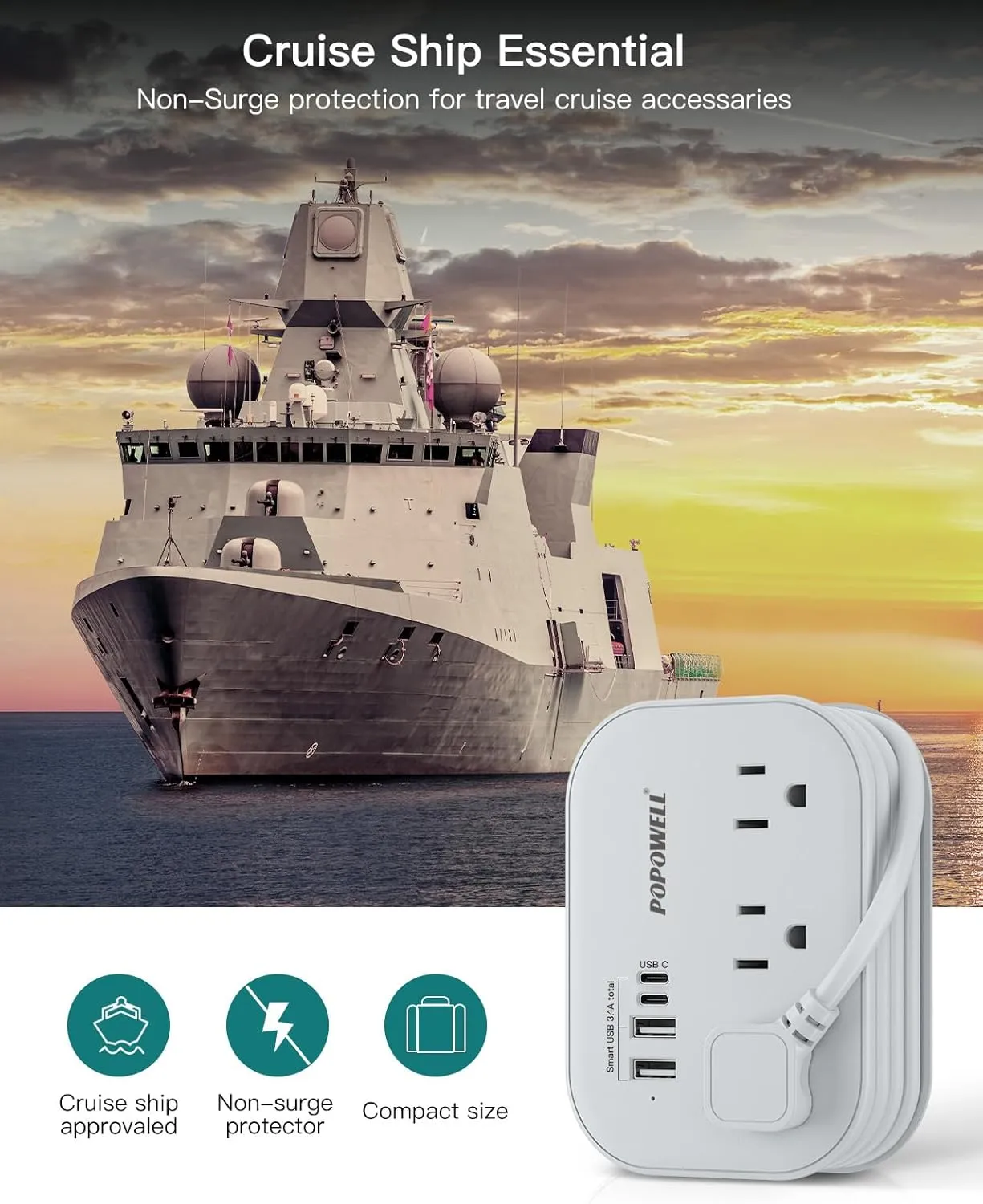 Flat Plug Power Strip- USB Travel Power Strip, 3 Outlets and 4 USB Ports(2 USBC) Desktop Charging Station, 5 Ft Wrapped Extension Cord, Non-Surge Protector for Cruise Essentials, Travel, Home, Dorm.