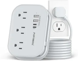 Flat Plug Power Strip- USB Travel Power Strip, 3 Outlets and 4 USB Ports(2 USBC) Desktop Charging Station, 5 Ft Wrapped Extension Cord, Non-Surge Protector for Cruise Essentials, Travel, Home, Dorm.