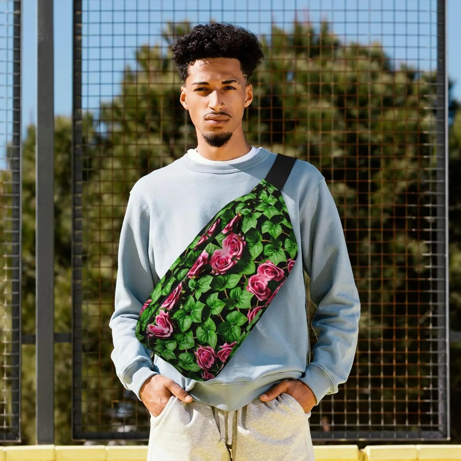 Floral Rose Ivy with Leaves Spring Fanny Pack Crossbody Sling Bag  Zipper Pockets for Travel, Hiking, Cycling, Workouts, and Everyday Use