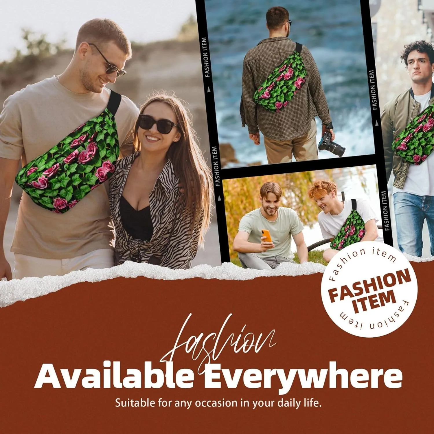 Floral Rose Ivy with Leaves Spring Fanny Pack Crossbody Sling Bag  Zipper Pockets for Travel, Hiking, Cycling, Workouts, and Everyday Use