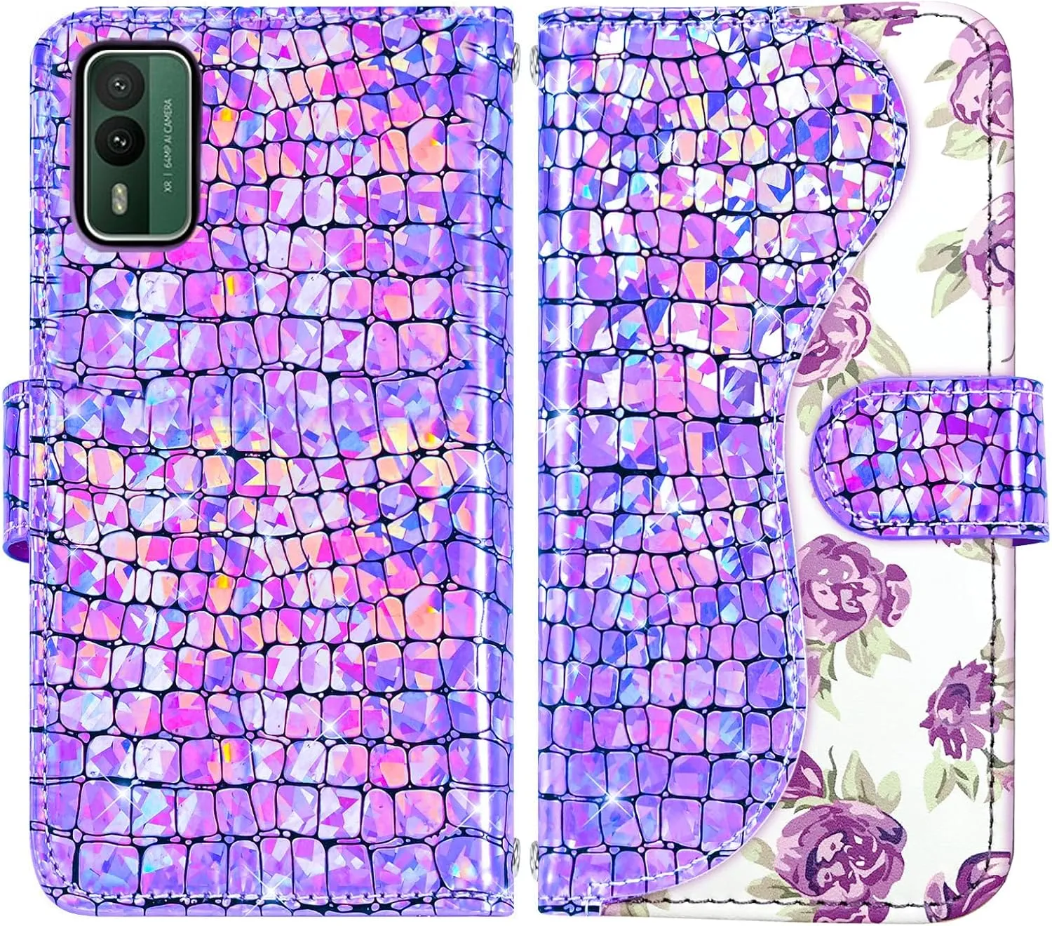 Floral Wallet Case for Nokia XR21 5G with Wrist Strap Shoulder Strap Flip Zipper Purse Card Holder,Luxury PU Leather Stand Sparkly Glitter Bling Cell Phone Cover for Women Girls Purple