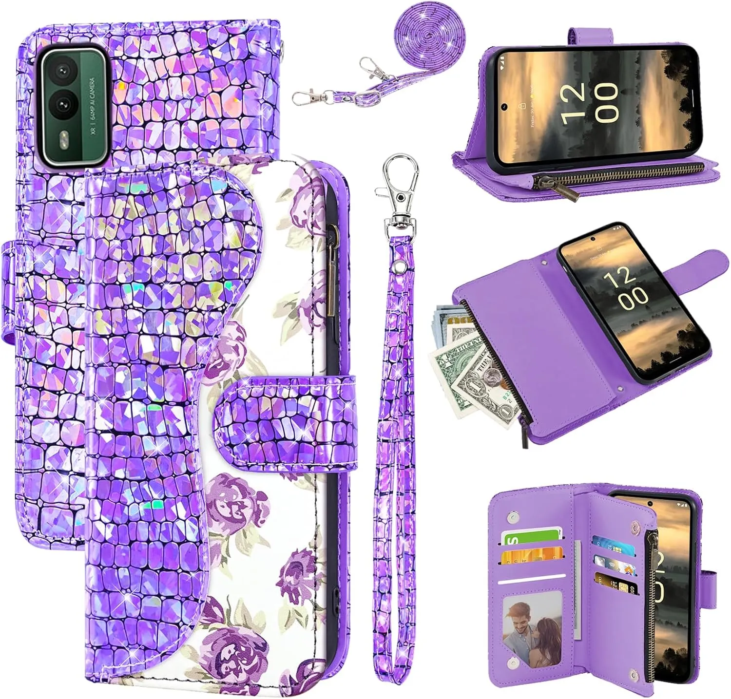 Floral Wallet Case for Nokia XR21 5G with Wrist Strap Shoulder Strap Flip Zipper Purse Card Holder,Luxury PU Leather Stand Sparkly Glitter Bling Cell Phone Cover for Women Girls Purple