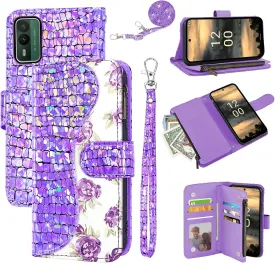 Floral Wallet Case for Nokia XR21 5G with Wrist Strap Shoulder Strap Flip Zipper Purse Card Holder,Luxury PU Leather Stand Sparkly Glitter Bling Cell Phone Cover for Women Girls Purple