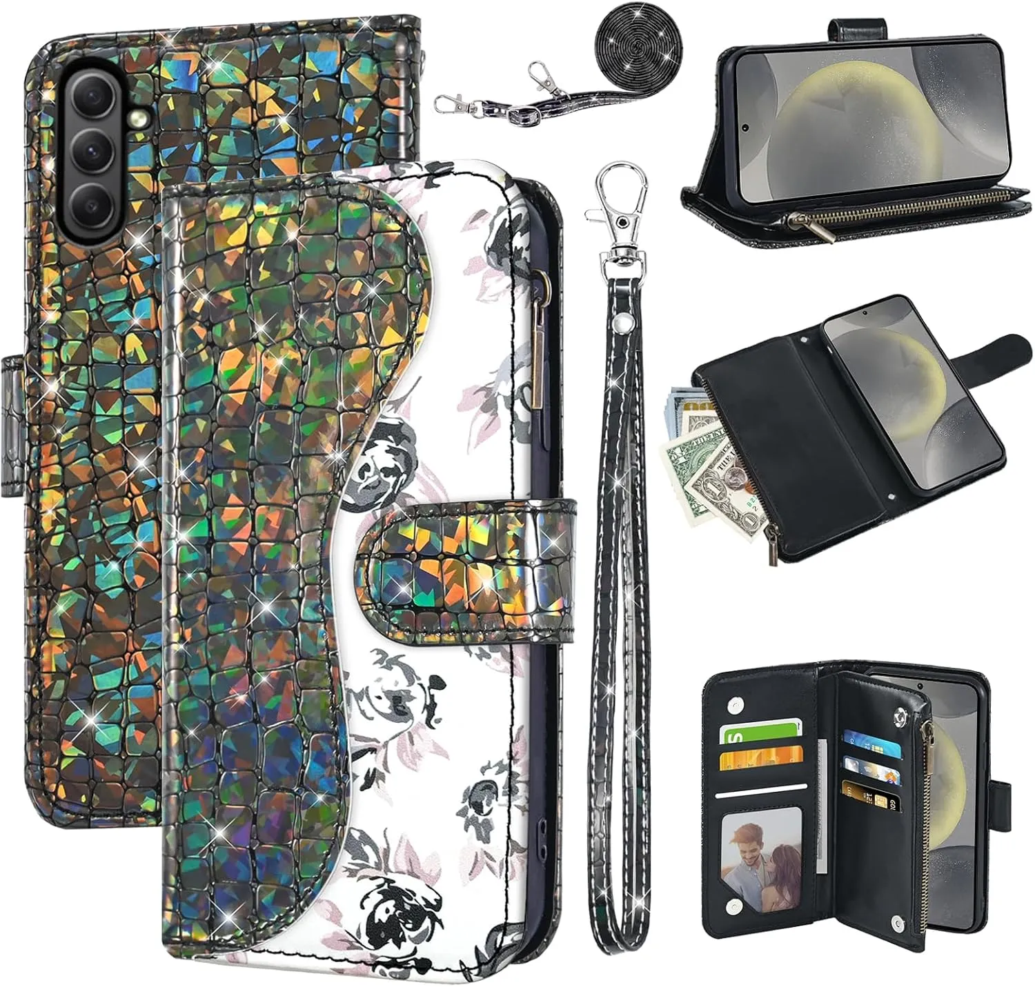 Floral Wallet Case for Samsung Galaxy S24 FE 5G with Wrist Strap Shoulder Strap Flip Zipper Purse Card Holder,Luxury PU Leather Stand Sparkly Glitter Phone Cover for S 24 EF S24FE 24S Black
