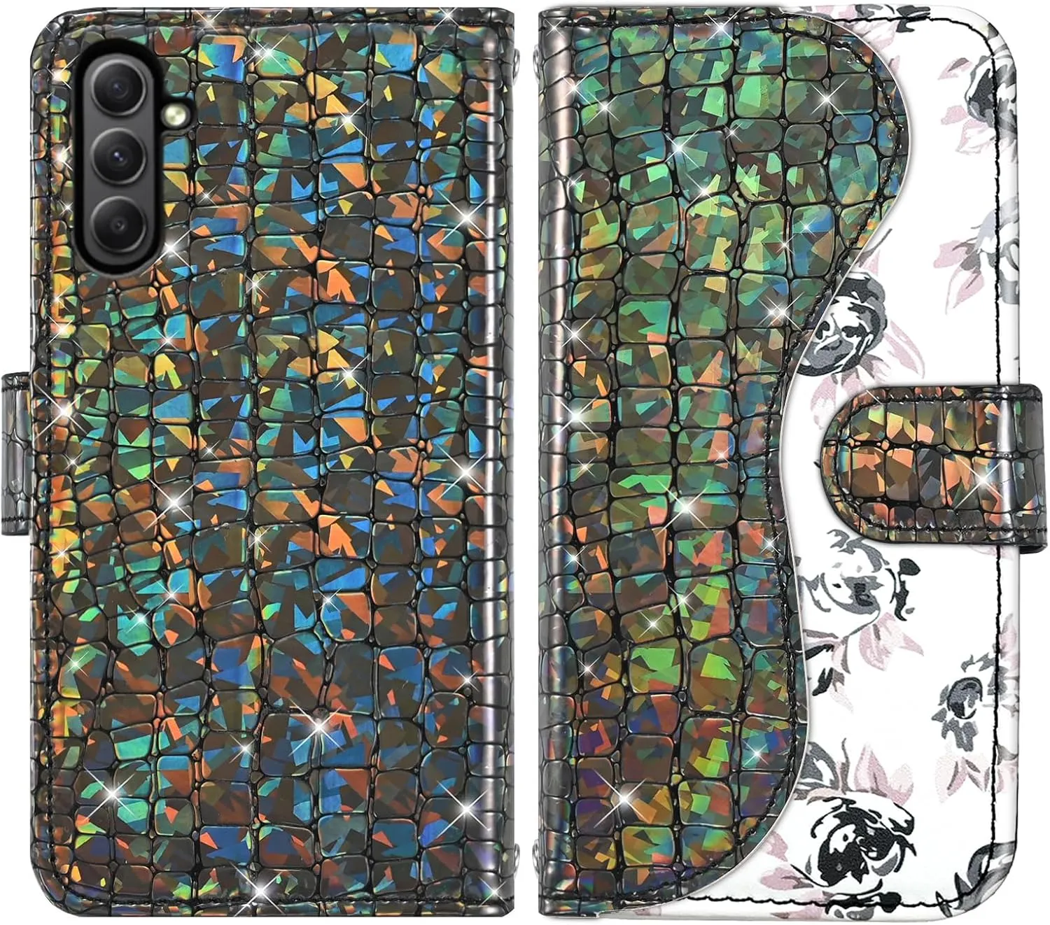 Floral Wallet Case for Samsung Galaxy S24 FE 5G with Wrist Strap Shoulder Strap Flip Zipper Purse Card Holder,Luxury PU Leather Stand Sparkly Glitter Phone Cover for S 24 EF S24FE 24S Black