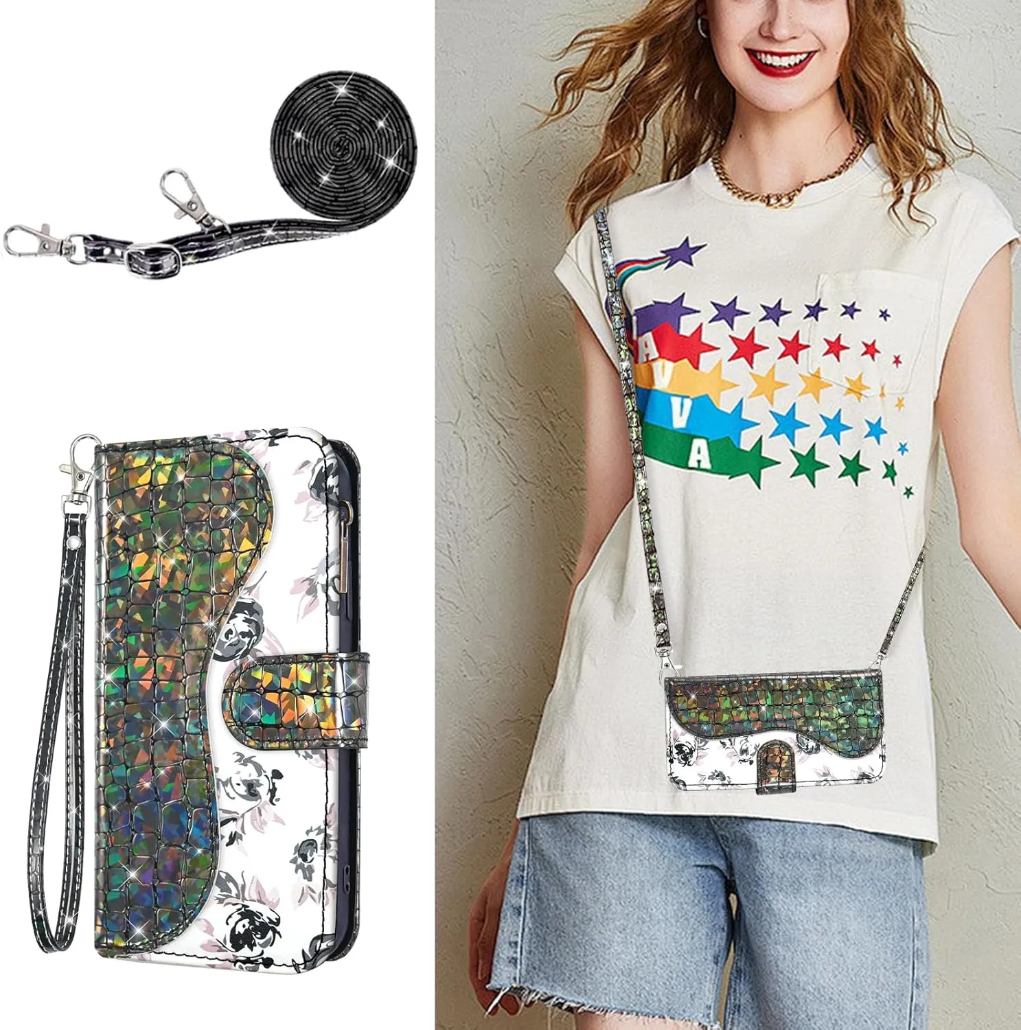 Floral Wallet Case for Samsung Galaxy S24 FE 5G with Wrist Strap Shoulder Strap Flip Zipper Purse Card Holder,Luxury PU Leather Stand Sparkly Glitter Phone Cover for S 24 EF S24FE 24S Black