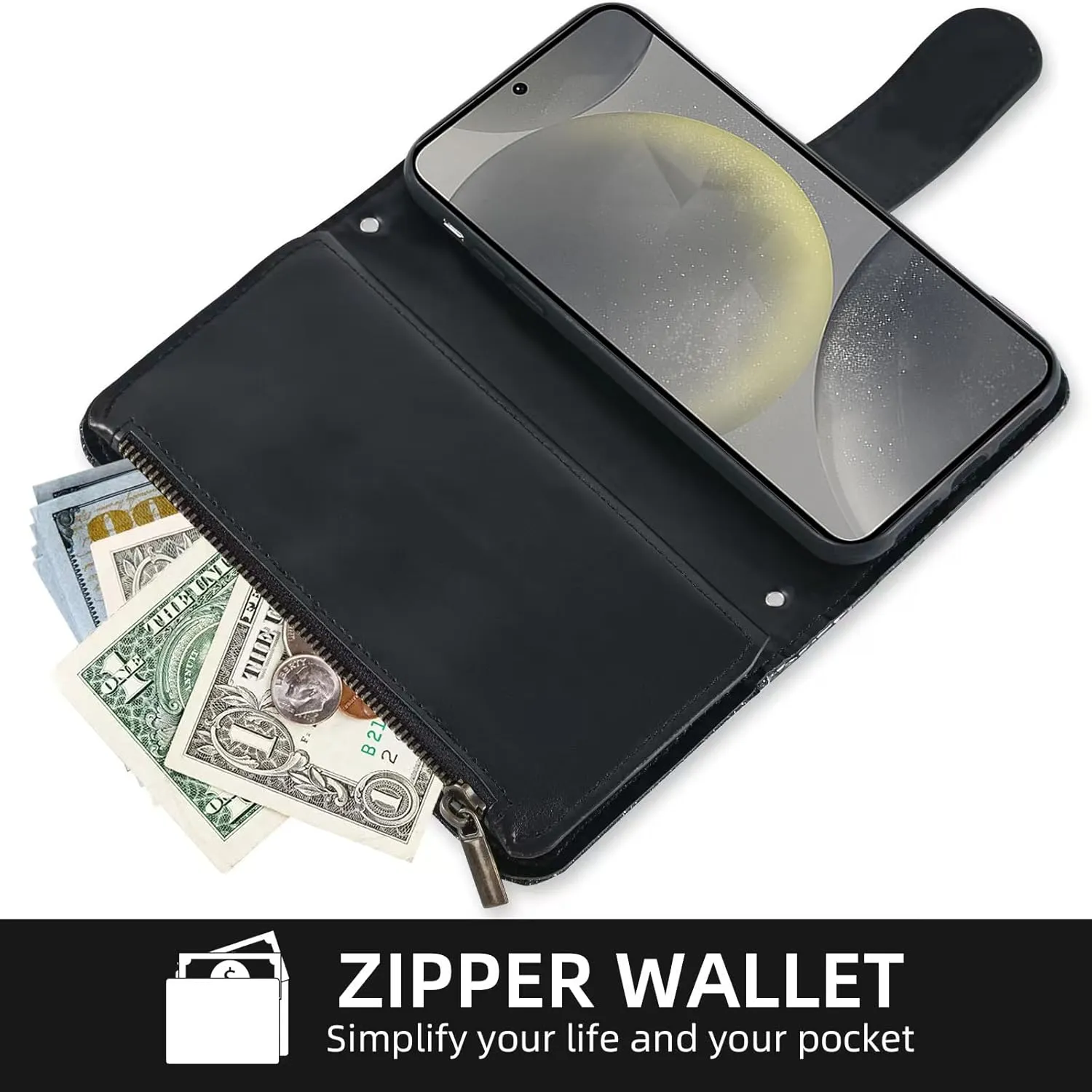 Floral Wallet Case for Samsung Galaxy S24 FE 5G with Wrist Strap Shoulder Strap Flip Zipper Purse Card Holder,Luxury PU Leather Stand Sparkly Glitter Phone Cover for S 24 EF S24FE 24S Black