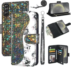Floral Wallet Case for Samsung Galaxy S24 FE 5G with Wrist Strap Shoulder Strap Flip Zipper Purse Card Holder,Luxury PU Leather Stand Sparkly Glitter Phone Cover for S 24 EF S24FE 24S Black