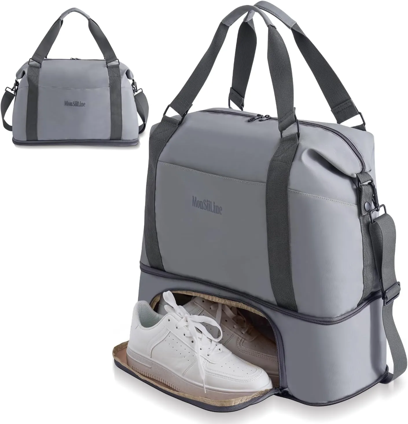 Foldie Travel Bag Expandable, Gym Bag with Shoe Compartment, Workout Bags for Gym with Straps Personal Item Travel Bag for Weekender Overnight, Duffel Bags for Traveling(Gray)