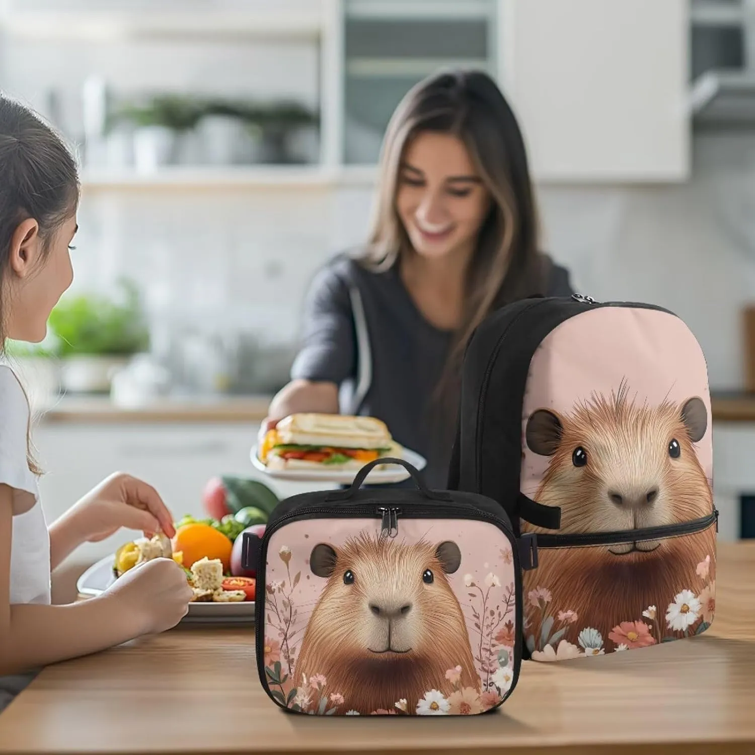 FOR U DESIGNS Kids Backpack with Lunch Bag Attached 17 Inch Capybara Themed Bookbag for Girls Ergonomic Spacious Lightweight School Backpack for Travel Outdoor