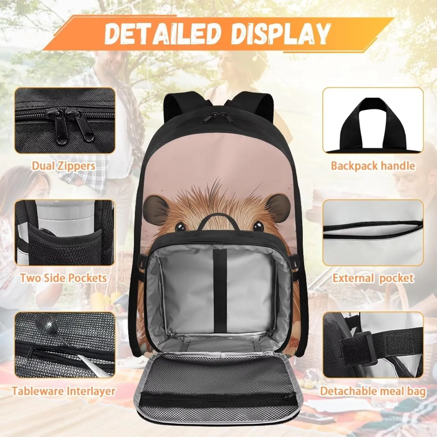 FOR U DESIGNS Kids Backpack with Lunch Bag Attached 17 Inch Capybara Themed Bookbag for Girls Ergonomic Spacious Lightweight School Backpack for Travel Outdoor