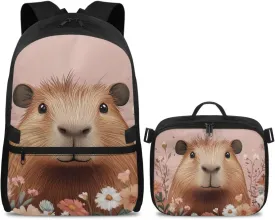 FOR U DESIGNS Kids Backpack with Lunch Bag Attached 17 Inch Capybara Themed Bookbag for Girls Ergonomic Spacious Lightweight School Backpack for Travel Outdoor