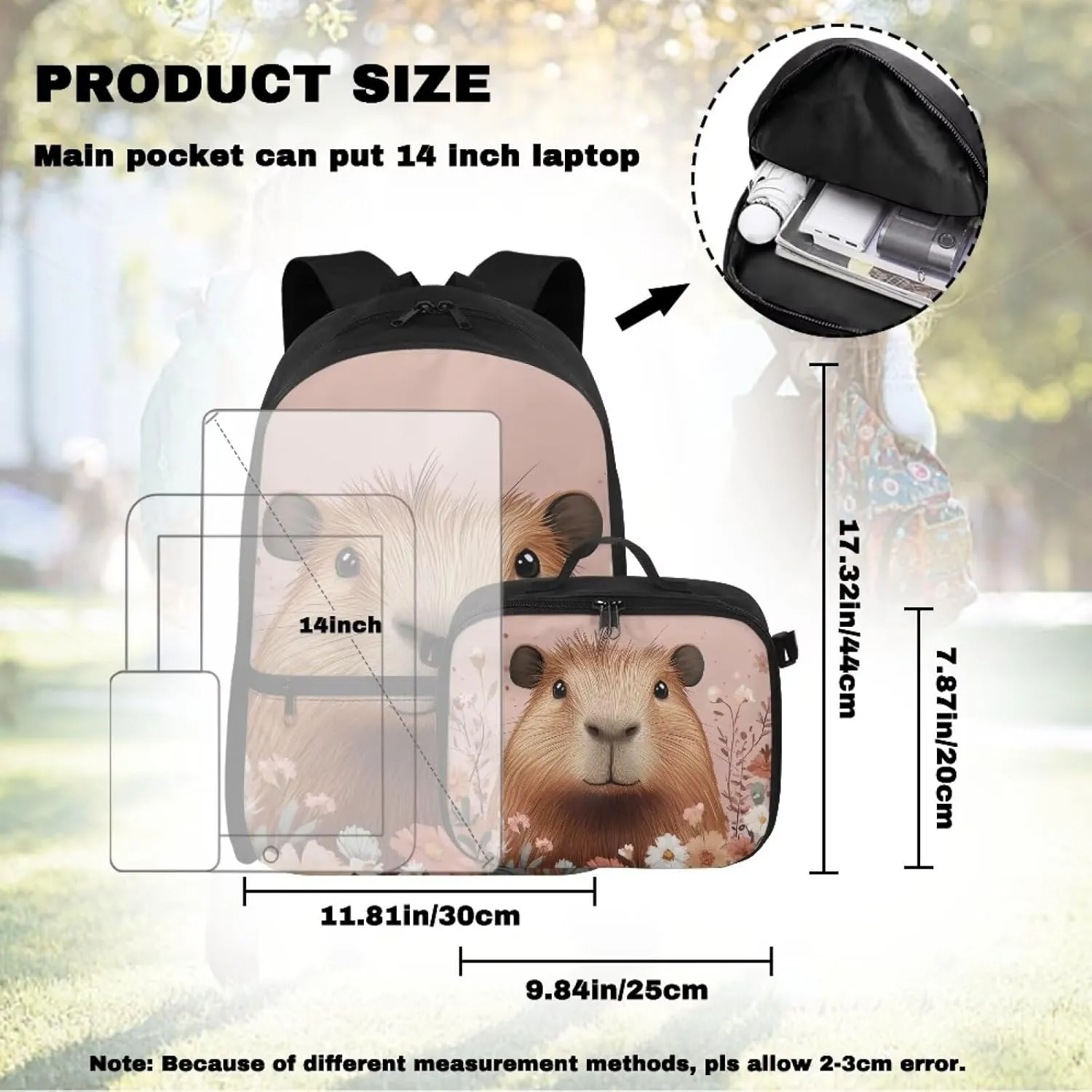 FOR U DESIGNS Kids Backpack with Lunch Bag Attached 17 Inch Capybara Themed Bookbag for Girls Ergonomic Spacious Lightweight School Backpack for Travel Outdoor
