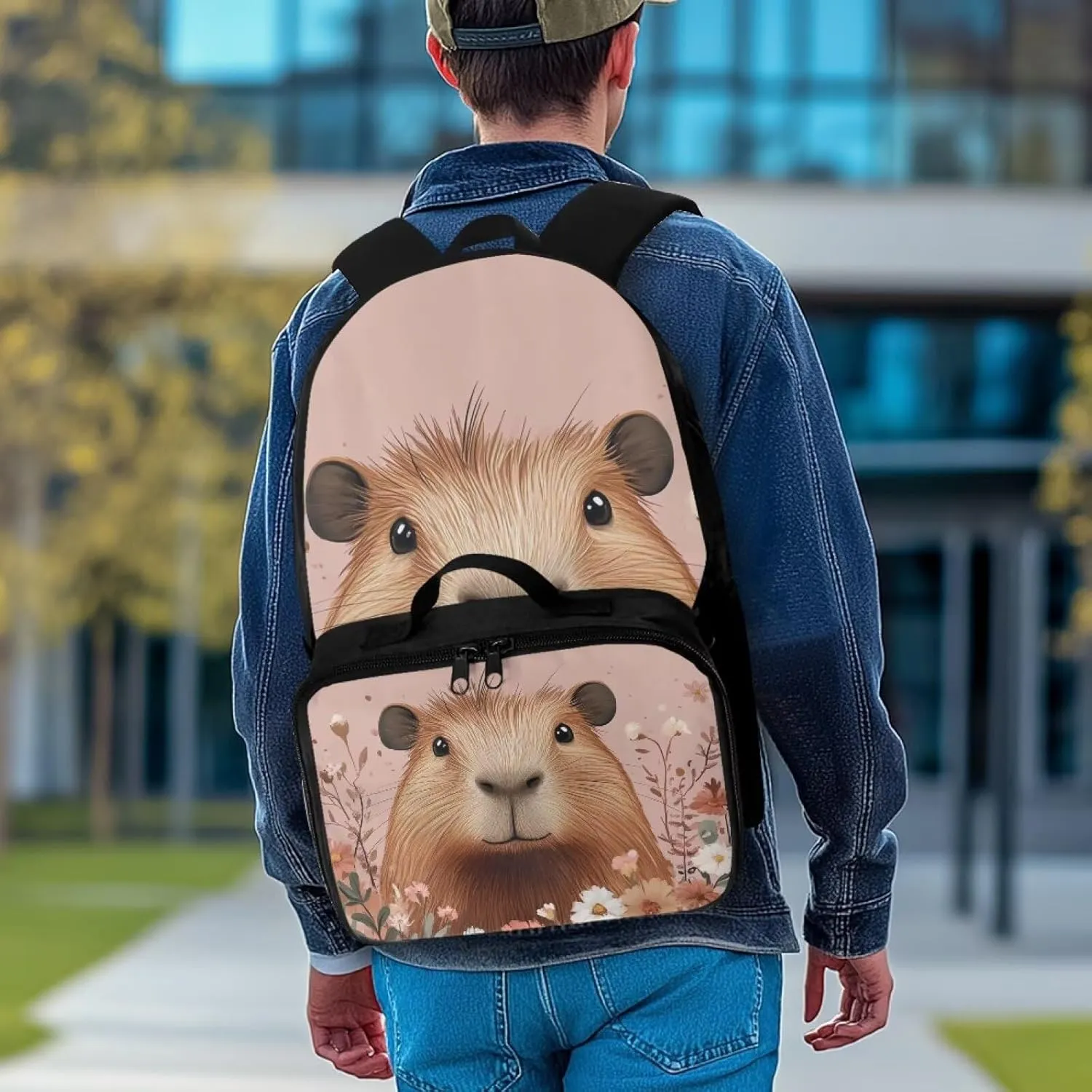 FOR U DESIGNS Kids Backpack with Lunch Bag Attached 17 Inch Capybara Themed Bookbag for Girls Ergonomic Spacious Lightweight School Backpack for Travel Outdoor