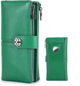 Full Grain Leather Airtag Wallet Clasp Lock Wallets for Women RFID Blocking Phone Card Holder Zipper Clutch Purse (Green)