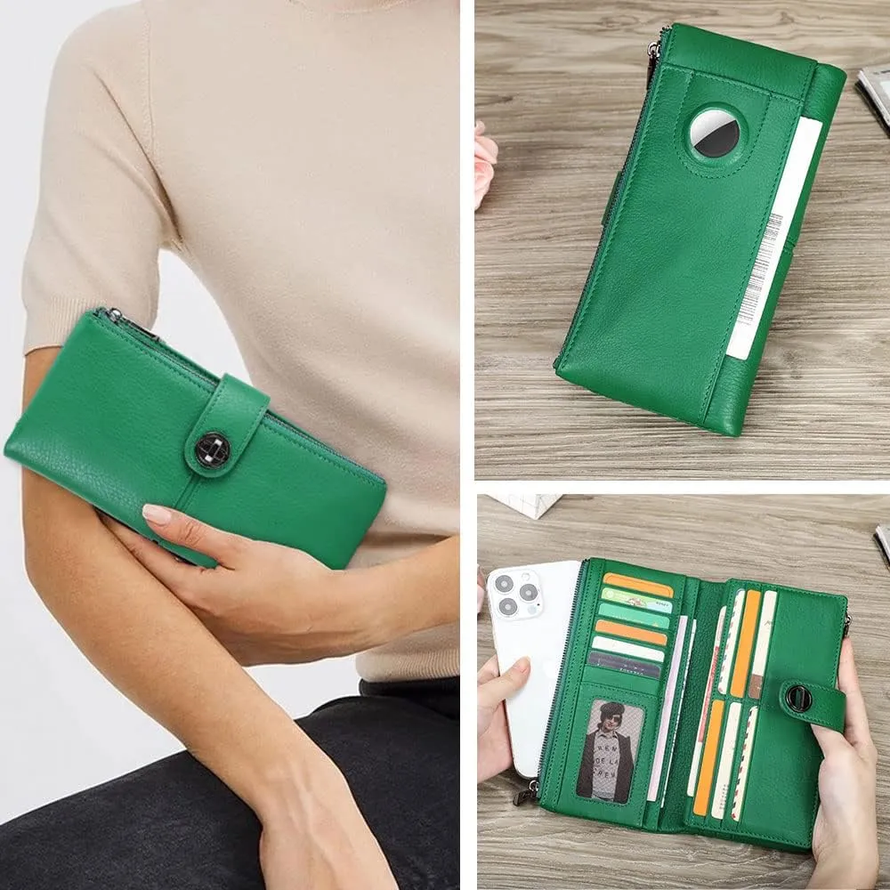 Full Grain Leather Airtag Wallet Clasp Lock Wallets for Women RFID Blocking Phone Card Holder Zipper Clutch Purse (Green)