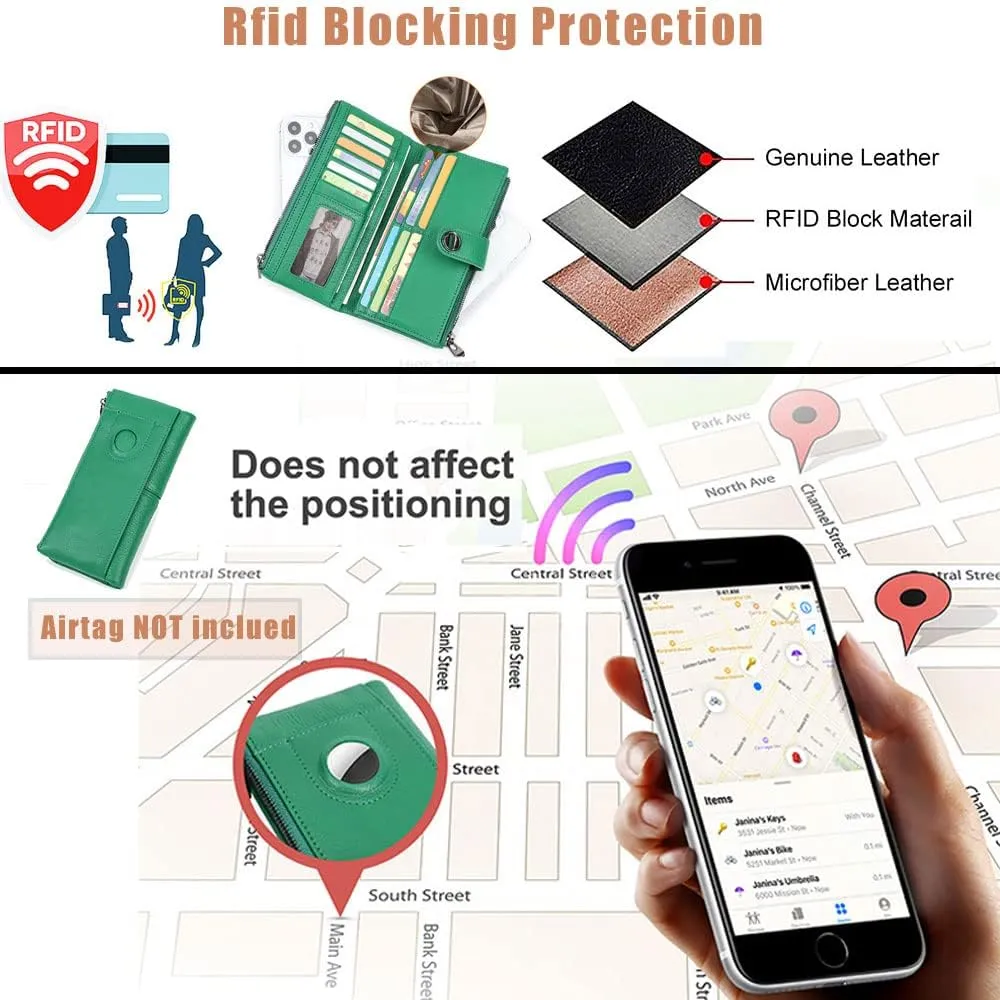 Full Grain Leather Airtag Wallet Clasp Lock Wallets for Women RFID Blocking Phone Card Holder Zipper Clutch Purse (Green)