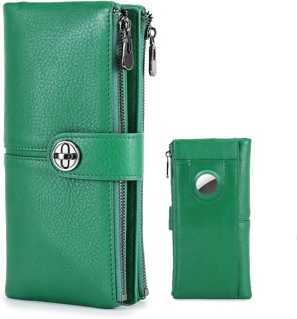 Full Grain Leather Airtag Wallet Clasp Lock Wallets for Women RFID Blocking Phone Card Holder Zipper Clutch Purse (Green)